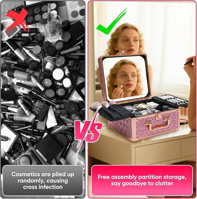 Yooaye Makeup Box with Detachable Lighted Mirror–Travel Train Case, Cosmetic Storage Organizer & Makeup Suitcase with Adjustable Dividers & Magnetic LED Mirror (Pink) - ModernBath