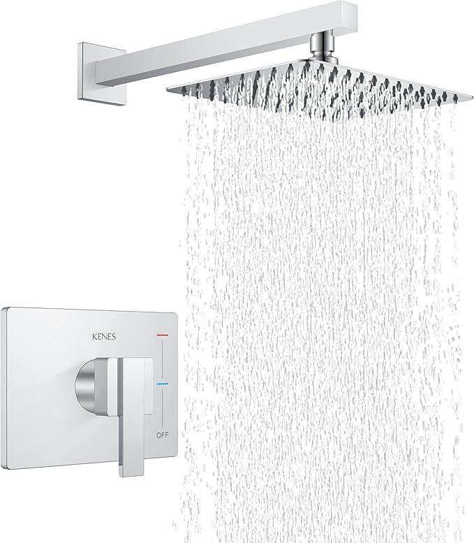 KENES Modern Polished Chrome 10-Inch Shower Head and Handle Set, Square Shower Faucet Set Bathroom Rainfall Shower System, KE-6024B-5 (Shower Valve Included) - ModernBath