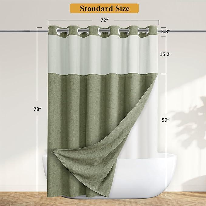 Jowels No Hooks Needed Linen Shower Curtain and Liner Set,Sage Green Hotel Luxury Decor Shower Curtains for Bathroom with See Through Top Window,Water Resistant Fabric,72Wx78L,Sage Green - ModernBath
