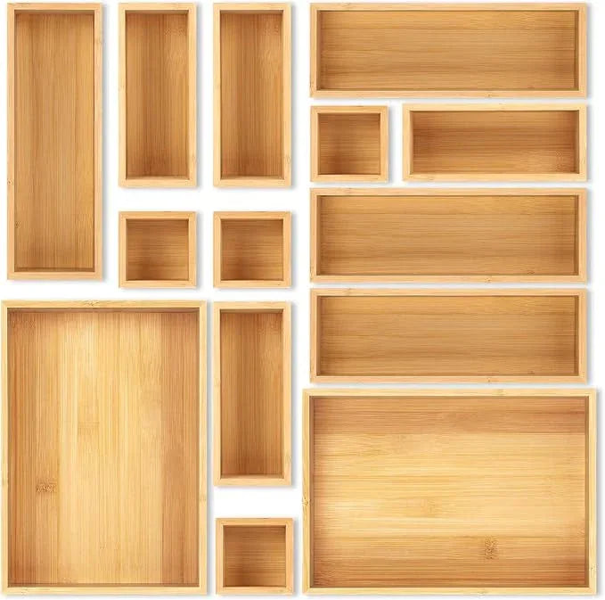Bamboo Drawer Organizer Set, 14 PCS Multi-Use Individual Wood Storage Organizers, Junk Drawer Divider and Storage Trays Containers for Kitchen, Bathroom, Office Desk, Makeup, Jewelry, Utensils - ModernBath