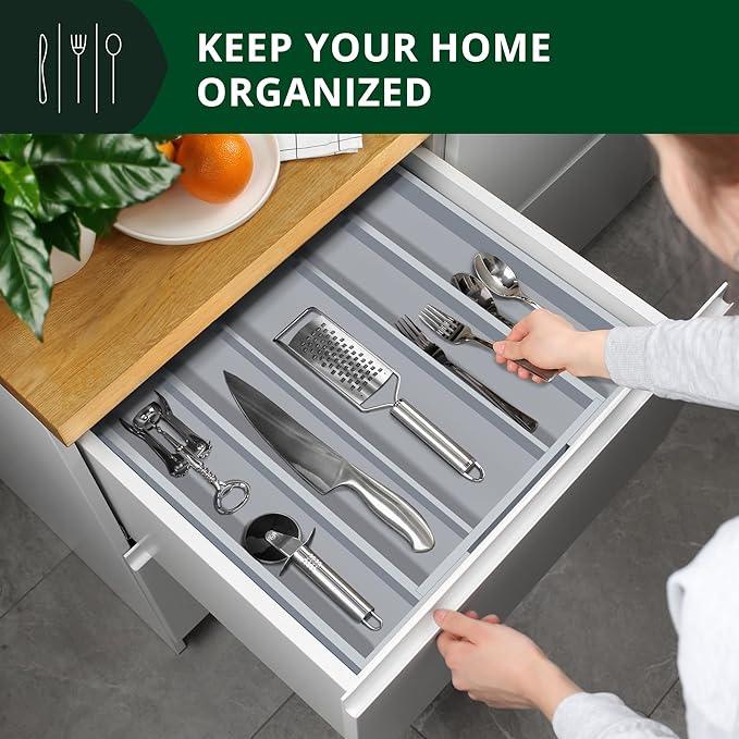 ROYAL CRAFT WOOD Luxury Bamboo Kitchen Drawer Organizer - Silverware Organizer - Utensil Holder and Cutlery Tray with Grooved Drawer Dividers for Flatware and Kitchen Utensils (5 Slot, Gray) - ModernBath