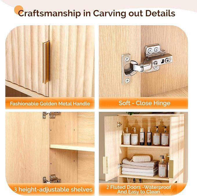 VINGLI Over The Toilet Storage Cabinet with Fluted Doors, Mid Century Modern Bathroom Organizer Over Toilet, Freestanding Wooden Space Saver Stand with Adjustable Shelves, Natural Oak - ModernBath