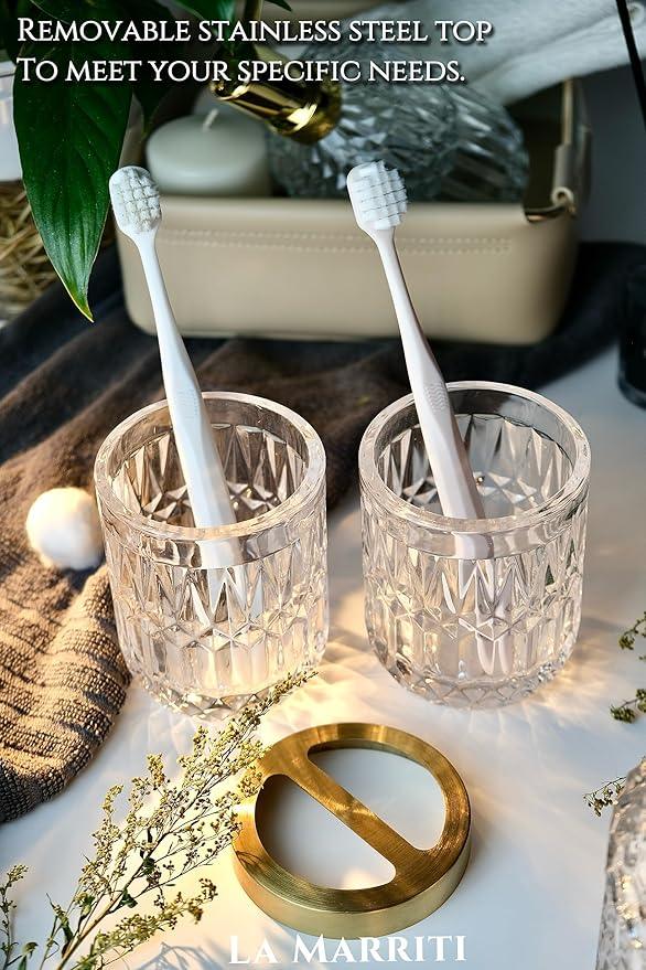 LaMarriti Glass Bathroom Accessories Set, 5pcs Crystal Clear Bathroom Set Accessories, Soap Dispenser, Toothbrush Holder Set, Soap Dish, Tumbler, Qtips Holder for Vintage Bathroom Decor, Gift Set - ModernBath