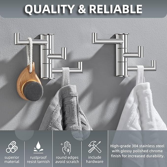 Angle Simple Swivel Towel Hooks for Bathroom, SUS 304 Stainless Steel Foldable 3 Arms Hand Towel Holder, Coat Wall Hooks, Polished Chrome, 2 Pack - ModernBath