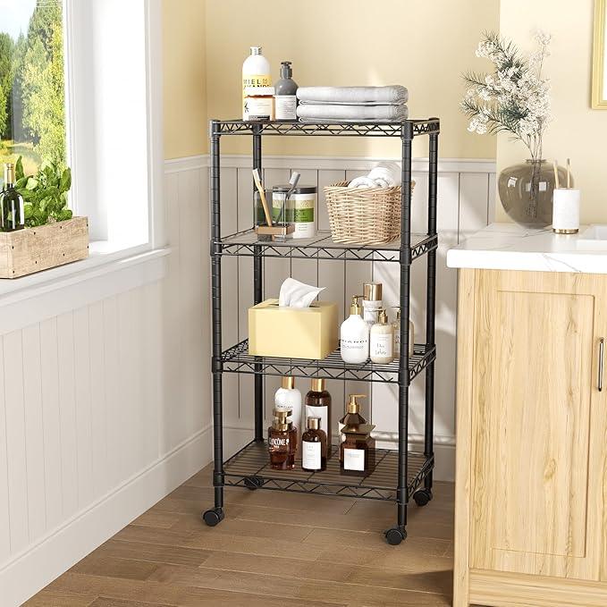 SINGAYE 4 Small Shelves Storage Shelf Wire Shelving Unit Metal Shelf Adjustable Organizers Storage Shelving with Wheels for Bathroom Laundry Room Kitchen Pantry12”D x 18”W x 45”H Black - ModernBath