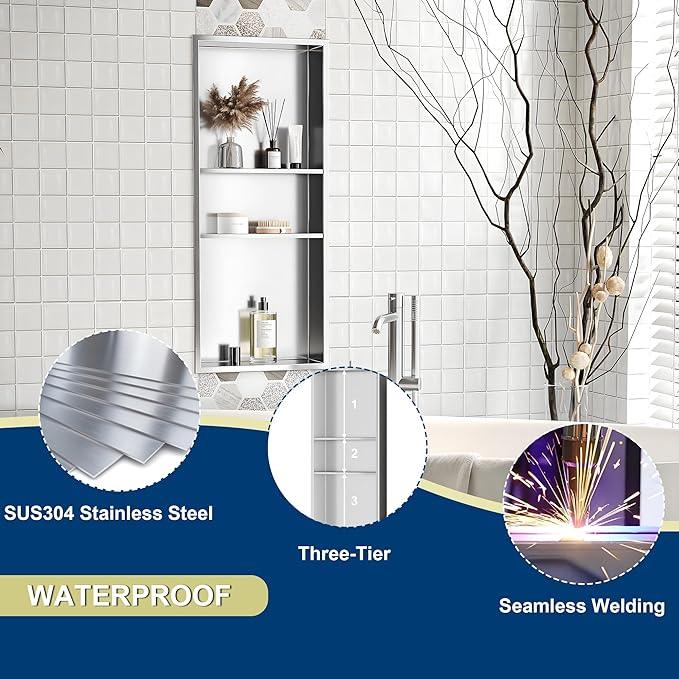 Qeke Stainless Steel Shower Niche 12" X 30", No Tile Needed Wall Niche Three-Tier Shower Niche, Recessed Shower Shelf for Bathroom Storage, Brushed Nickel - ModernBath