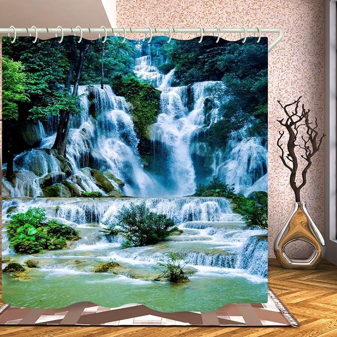LYFANS Bathroom Uses 3D Shower Curtain with Alpine Waterfall, Luxury Bathtub Waterproof Shower Curtains, Bright Fabric Shower Curtain, Size (72x79 inches) - ModernBath