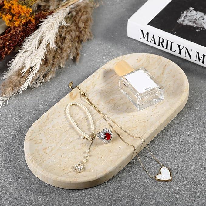 Koville Natural Marble Tray for Home Decor, 12"x6" Marble Vanity Tray for Dresser, Stone Perfume Organizer Jewelry Dish for Bathroom, Stone Catchall Storage Trays for Candles - ModernBath