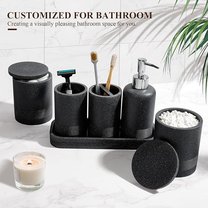 Bathroom Accessories Set, 6-Piece Bathroom Accessory Set, Toothbrush Holders Set, Soap Dispenser, Vanity Tray, Tumbler, Cotton Swab Jars, Bathroom Organizer for Modern Bathrooms(Black) - ModernBath