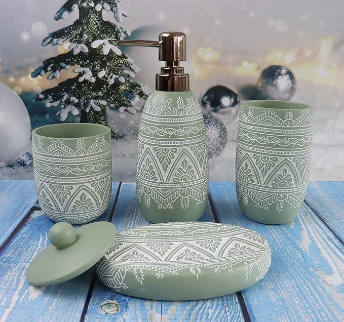 Hymmah Green Bathroom Accessories Set,Farmhouse Bathroom Decor,4 Pcs Resin Gift Set Apartment Necessities, Contain Cotton Swab Jar,Soap Dispenser,Tumbler，Soap Dish/Tray - ModernBath