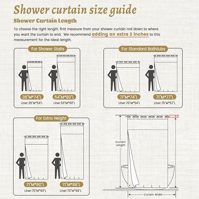 WONICY No Hook Shower Curtain with Snap in Liner, Polyester Textured Shower Curtain with Liner Set, Waterproof Washable Hotel Style Shower Curtains for Bathroom, 71Wx74H, Khaki - ModernBath