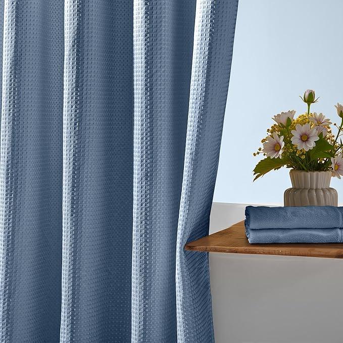 River Dream Blue Shower Curtain No Hooks Required Dotted Waffle Weave Shower Curtain with Snap in Liner - 71W x 74H,Hotel Grade,Spa Like Bath Curtain,Moonlight Blue - ModernBath