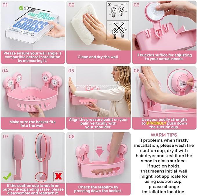 LEVERLOC Corner Shower Caddy Suction Cup, shower shelves suction cup, 2 Pack Basket Powerful Bathroom, Waterproof & Oil-proof Organizer for Kitchen, No-Drilling Removable (Pink) - ModernBath