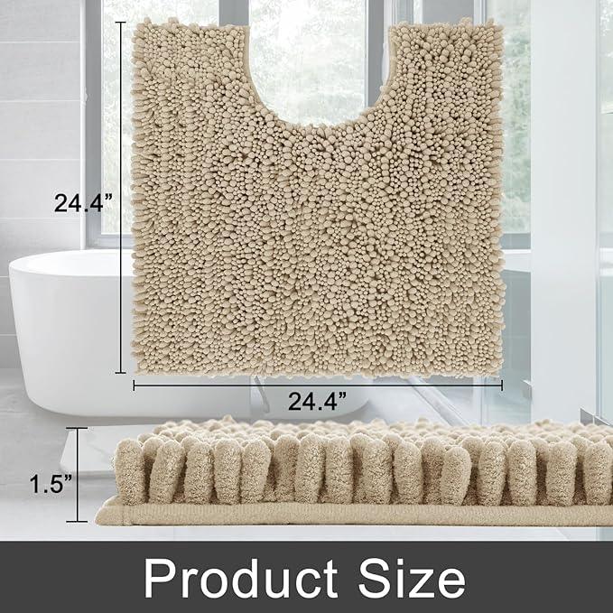 Yimobra Toilet Rug U Shaped Washable 24x24 Inch - Ultra Soft Absorbent Chenille Bath Rugs for Toilet, Quick Dry & Machine Washable, Non Slip Contour Bathroom Mat, Pale Khaki - ModernBath