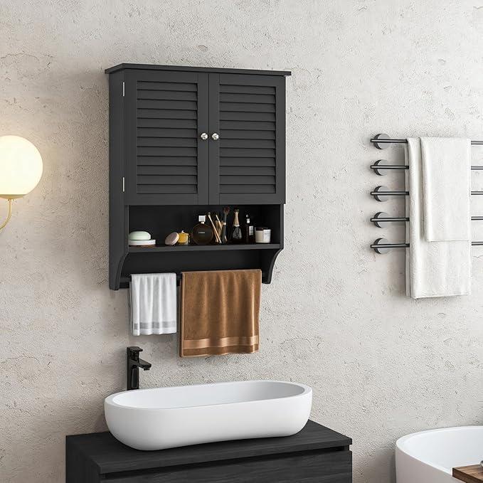 Tangkula Wall Mounted Bathroom Cabinet with Open Shelf & Bar, Medicine Cabinet with Double Louvered Doors, Wall Storage Cabinet with Adjustable Shelf, for Bathroom Living Room Kitchen (Black) - ModernBath