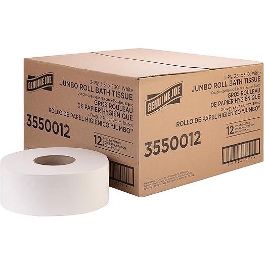 Genuine Joe Jumbo Roll Bath Tissue, 2-Ply, 3.3" x 500', White, 12 Count - ModernBath