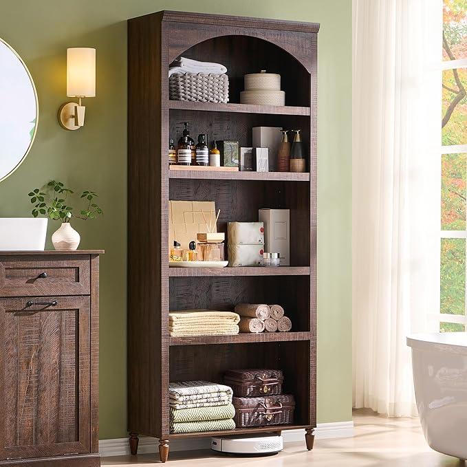 76" Tall Arched Bathroom Storage Cabinet, 5 Tiers Large Farmhouse Arched Cabinet w/Adjustable Shelves, Modern Wooden Storage Cabinet for Bathroom, Living Room, Entryway, Study Room (Brown) - ModernBath