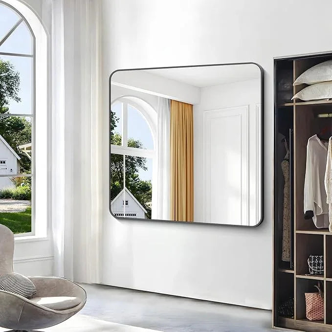 BONEWEI 48x48 inch Bathroom Mirror,Black Rectangle Mirror,Wall Mounted Bathroom Frame Vanity Mirror with Round Corner for Bedroom Living Room,Entryway Hangs Horizontal or Vertical - ModernBath