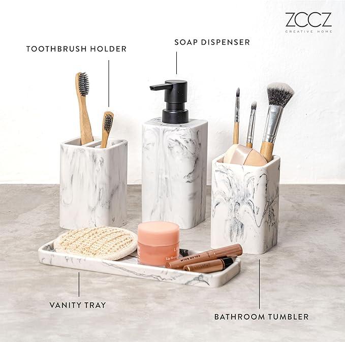 ZCCZ Bathroom Accessory Sets, 4 Pieces Bathroom Accessories Complete Set Vanity Countertop Accessory Set with Marble Look, Includes Lotion Dispenser Soap Pump, Tumbler, Toothbrush Holder and Tray - ModernBath