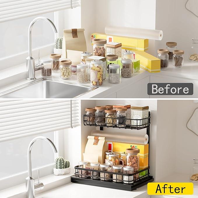 Under Sink Organizer, Adjustable Height Pull-Out Kitchen Storage Organization,15.8" x 11.8" x 16.5", 2-Tier Kitchen Shelf, Bathroom Drawer Organizer, 2 Pack|Black - ModernBath