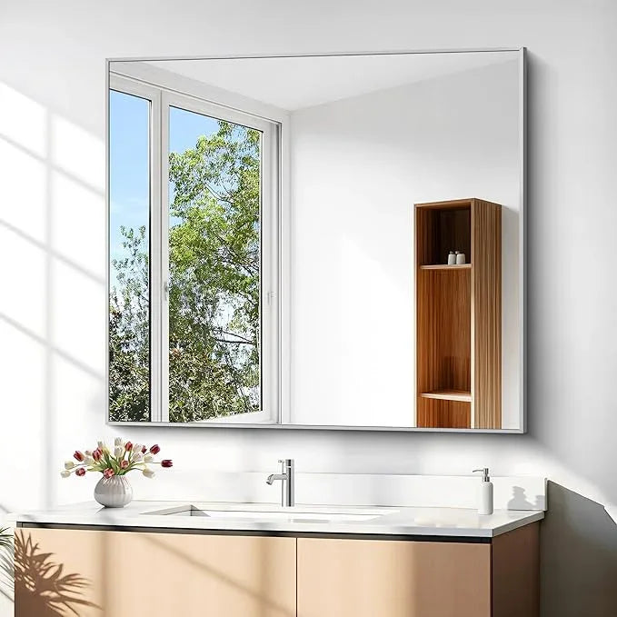 DESBING 36" x 40"Bathroom Mirror, Silver Rectangle Corner Wall Mirror with Metal Frame, Decorative Rectangular Vanity Mirror for Bedroom Bathroom Living Room Entryway (Horizontal/Vertical) - ModernBath