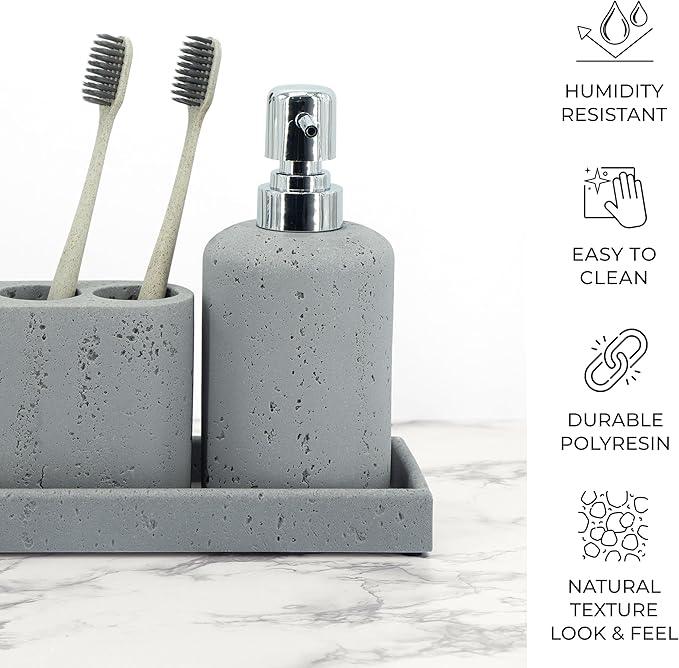 ZCCZ -Beige Bathroom Accessories Set 4 Pcs - Toothbrush Holder, Soap Dispenser, Vanity Tray, Bathroom Tumbler - Countertop Vanity Organizer - Bathroom Accessory Set- Toothbrush Holder Set, Stone Sets - ModernBath