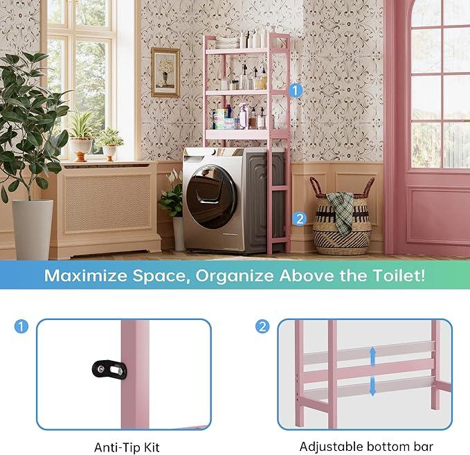 SMIBUY Bathroom Storage Shelf, Bamboo Over-The-Toilet Organizer Rack, Freestanding Toilet Space Saver with 3-Tier Adjustable Shelves (Pink) - ModernBath