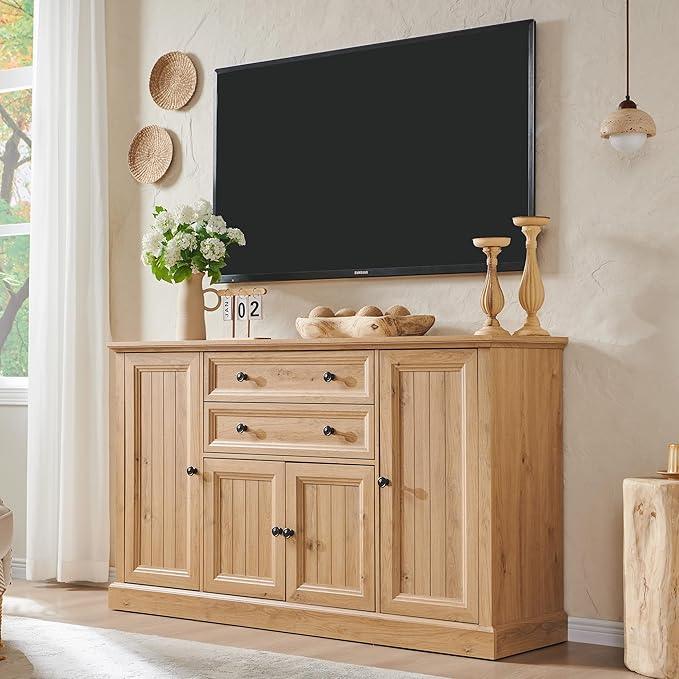 Farmhouse 58" Buffet Cabinet with Storage, 34" Tall Sideboard Cabinet w/2 Large Drawers & 4 Grooved Barn Doors, Wood Rustic Sideboard for Dinning Room, Kitchen, Living Room,Natural - ModernBath