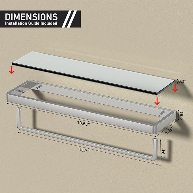 Glass Floating Shelves for Wall, Brushed Nickel 20 Inch Tempered Glass Rectangular 1 Tier Organizer Shelf for Bathroom - ModernBath
