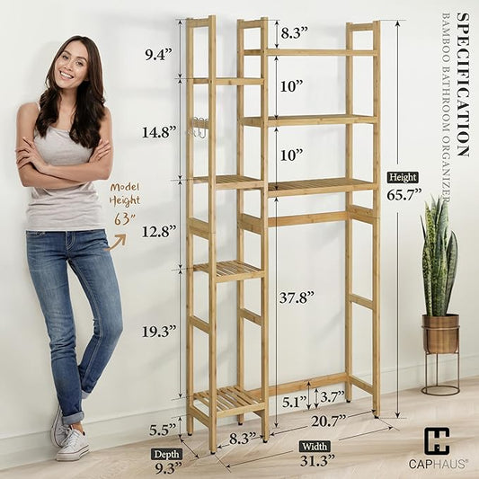 CAPHAUS Over The Toilet Storage Shelf,7-Tier Bamboo Bathroom Organizer Shelf Rack Over Toilet with Adjustable Feet & Hooks, Freestanding Toilet Shelf for Bathroom Laundry Balcony Plant Stand,Natural