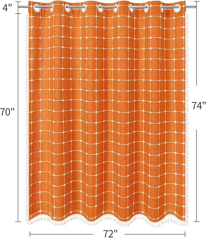 MitoVilla No Hooks Needed Orange Boho Shower Curtain with Snap-in Liner, Farmhouse Cotton Linen Fabric Shower Curtains with Tassels for Rustic Neutral Bathroom Decor, Burnt Orange, 72 x 74 - ModernBath