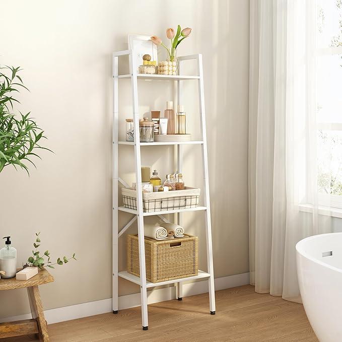 Hoctieon 4-Tier Industrial Ladder Bookshelf, Narrow Ladder Shelf, Tall Standing Bookshelf, Skinny Open Ladder Shelf, for Living Room, Home Office, Kitchen, Bedroom, Metal Frame, White - ModernBath