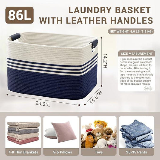 86L Extra Large Laundry Basket with Leather Handles for Living Room Storage, Woven Rope Baskets for Blanket, Kids Toy, Gifts, Wicker Hamper for Bedroom Dirty Clothes, 24"x16"x14" White Navy - ModernBath