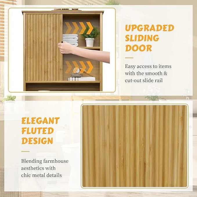 BlueWish Over The Toilet Storage Cabinet, Bamboo Over Toilet Storages with Fluted Door, Over The Toilet Cabinet Bathroom Organizer, Bathroom Shelf Over The Toilet, Storage Rack, Natural - ModernBath