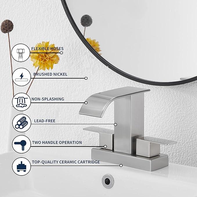 Bathroom Faucet Brushed Nickel Modern GGStudy 2 Handles 4 Inches Centerset RV Waterfall Bathroom Vanity Faucet with Drain Assembly - ModernBath