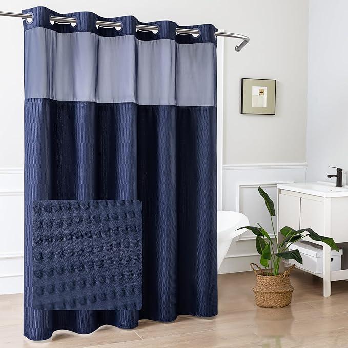 Mrs Awesome No Hook Shower Curtain with Snap-in Liner, Embossed Waffle Design Fabric Shower Curtain for Bathroom, Soft & Lightweight, 71x74, Navy Blue - ModernBath