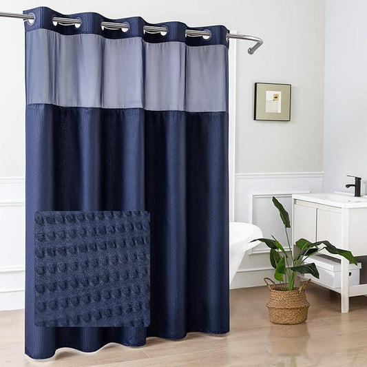 Mrs Awesome No Hook Shower Curtain with Snap-in Liner, Embossed Waffle Design Fabric Shower Curtain for Bathroom, Soft & Lightweight, 71x74, Navy Blue - ModernBath