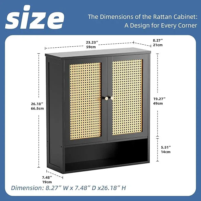 HITNET Wall Cabinet, Bamboo Medicine Cabinet with Rattan Doors and Adjustable Shelf, Bathroom Hanging Storage Organizer Over Toilet for Small Space (Black) - ModernBath