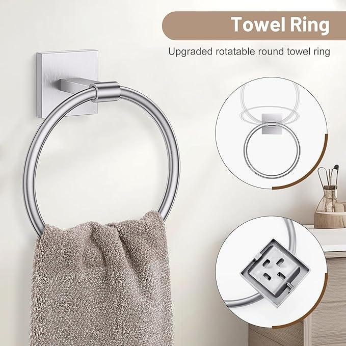 Towel Ring Set 4 Piece Bathroom Hardware Set Includes Towel Ring 2 Towel Hooks and Toilet Paper Holder Stainless Steel Wall Mounted (Brushed Nickel) - ModernBath