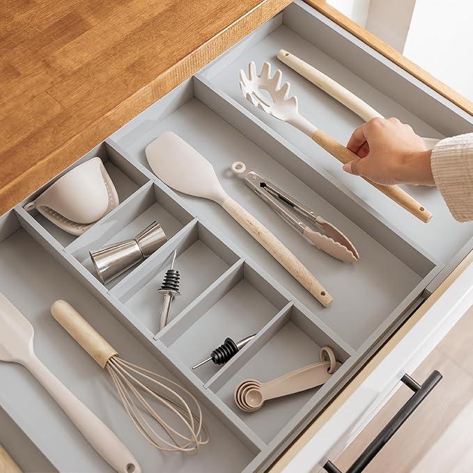 KitchenEdge Adjustable Kitchen Drawer Organizer for Utensils and Junk, Food-Safe Contract Grade with 100% Sustainable Wood, Expandable from 19 to 33 Inches Wide - Gray Bamboo - ModernBath