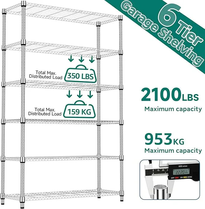 6 Tiers Shelf 2100 lbs Steel Storage Shelving Utility Shelving Unit Steel Organizer Wire Rack for Home,Kitchen,Office,Garage Chrome 17.7" D x 47.2" W x 82.4" H - ModernBath