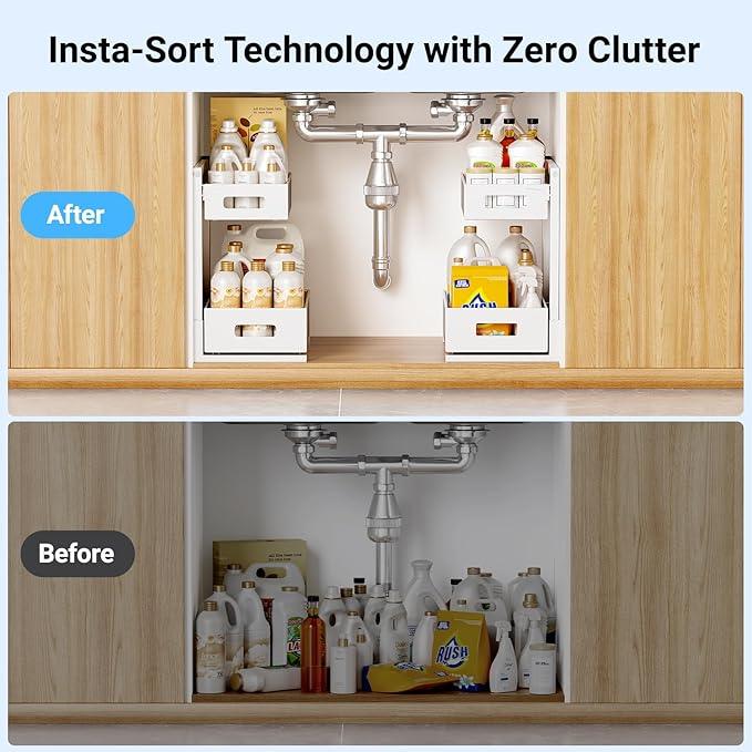 Pull-out Under Kitchen Sink Organizer, Metal Functional Under Sink Organizer, Height Adjustable Under Bathroom Sink Organizer, Under Sink Storage for Kitchen Bathroom Cabinet (White) - ModernBath