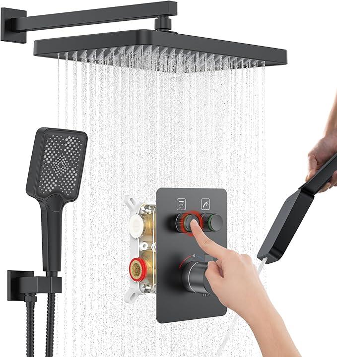 Thermostatic Shower System 13-Inch Rainfall Shower Head - 3 Setting Handheld Sprayer, Complete Bathroom Set with Faucet Mixer Trim Kit & Valve Matte Black - ModernBath