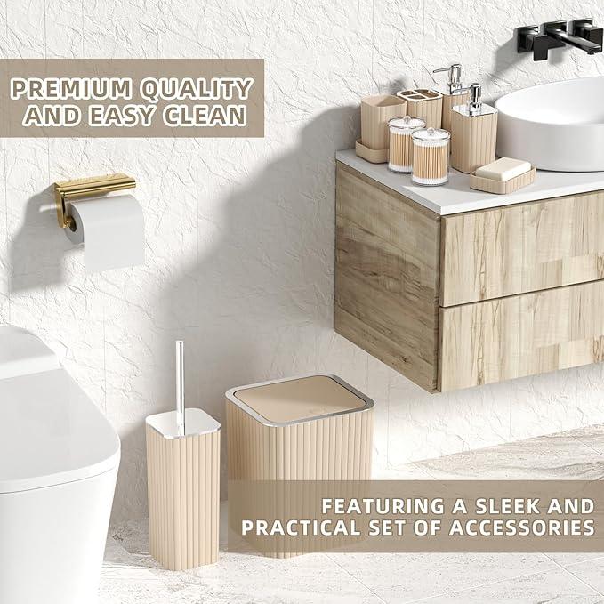 XLHOMO Bathroom Accessories Set - 25PC Bathroom Sets with Shower Curtain and Rugs, Beige Bathroom Set with Trash Can, Soap Dispenser, Soap Dish & Toilet Brush - ModernBath
