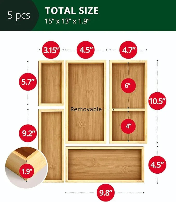 ROYAL CRAFT WOOD 5-Piece Bamboo Drawer Organizer Set – Multi-Use Storage Trays for Kitchen, Bathroom, Office, Makeup, Jewelry & More – Junk Drawer Tray, Utensil Holder, Storage Box & Bin Set (5 Boxes) - ModernBath