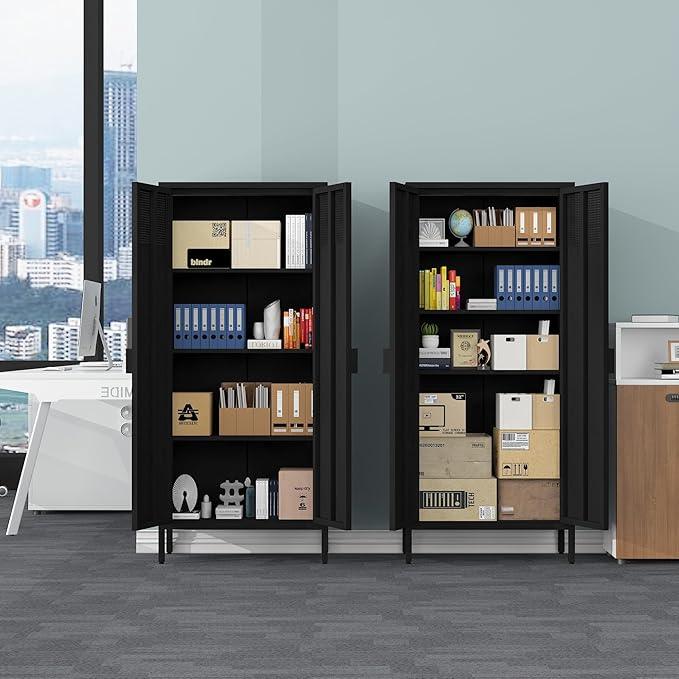 COFaR 4 Tier Black Metal Storage Cabinet, Free Standing with 2 Doors, 3 Adjustable Shelves and Legs, Cupboard Metal Cabinet for Living Room, Kitchen, Dining Room, Office - ModernBath