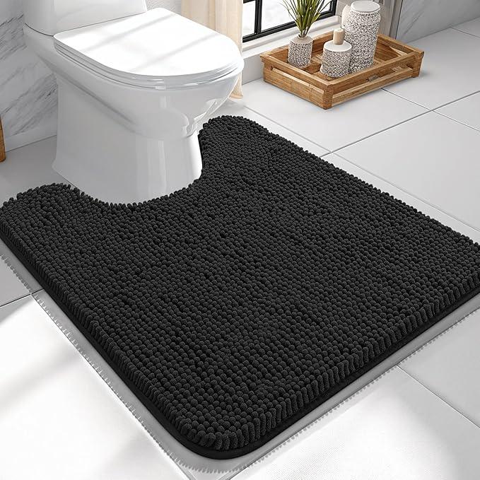 OLANLY Toilet Rugs U-Shaped 24x24, Extra Soft Absorbent Chenille Contour Bathroom Rugs for Toilet, Dry Quickly, Machine Washable, Non-Slip Bath Mat, Black - ModernBath