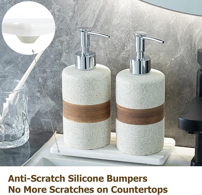 Cormomu 2-Pack Ceramic Soap Dispensers Set, Includes Stainless Steel Pump, Silicone Funnel and Diatomaceous Tray, Hand Soap, Dish Soap, Shampoo and Conditioner Dispenser for Bathroom & Washroom, White - ModernBath