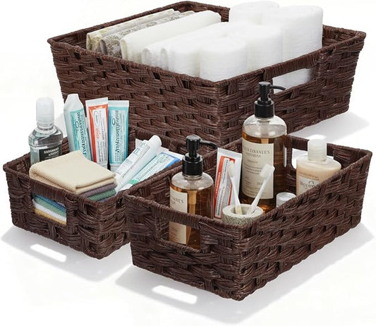 Ferrochef Set of 3 Large Wicker Storage Baskets for Shelves, Wicker Basket for Organizing, Waterproof Woven Baskets for Shelves and Pantry, Toilet, Bathroom, Bedroom, Patio(Brown)