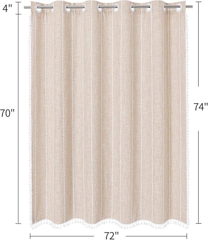 MitoVilla No Hooks Required Boho Farmhouse Shower Curtain with Snap-in Liner, Cotton Linen Fabric Shower Curtains with Tassels for Rustic Neutral Bathroom Decor, Beige/Cream, 72 x 74 - ModernBath